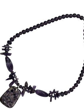 Amethyst Stone Necklace Purple Beaded Large Pendant Quartz 24" Adjustable